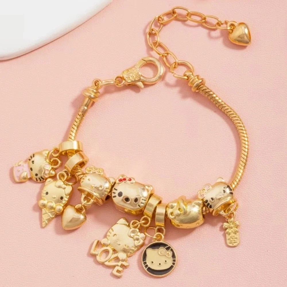 Sanrio Gold Hello Kitty Charm Beaded Bracelet JapaneseAnime Hello Kitty Core Y2K